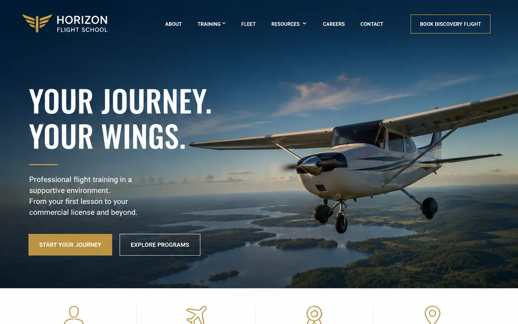 Concept flight-school homepage on a laptop: dark navy hero with a Cessna in flight over lakes, gold accents, and a book-a-discovery-flight call to action.